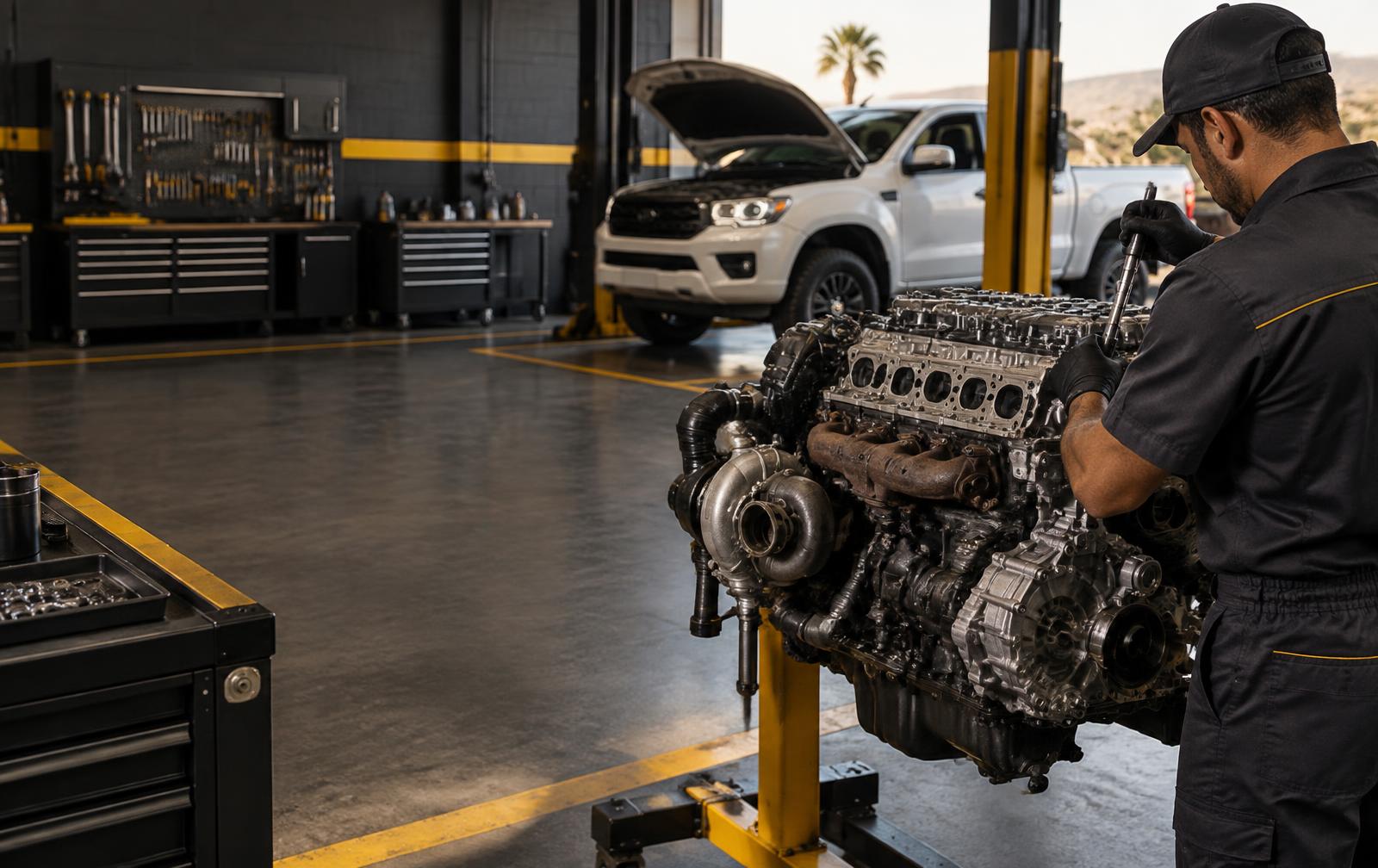 Técnico trabalhando no motor de uma camionete